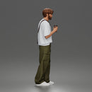 Casual Coffee Drinker Posing with Shoulder Bag Cargo Pants Sneakers