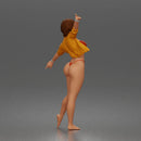 Woman dances balancing wearing crop top jacket bikini bottoms barefoot - Only-Games