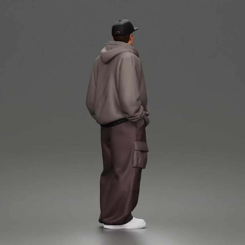 Relaxed Hooded Cap Poser Standing in Cargo Pants and Sneakers