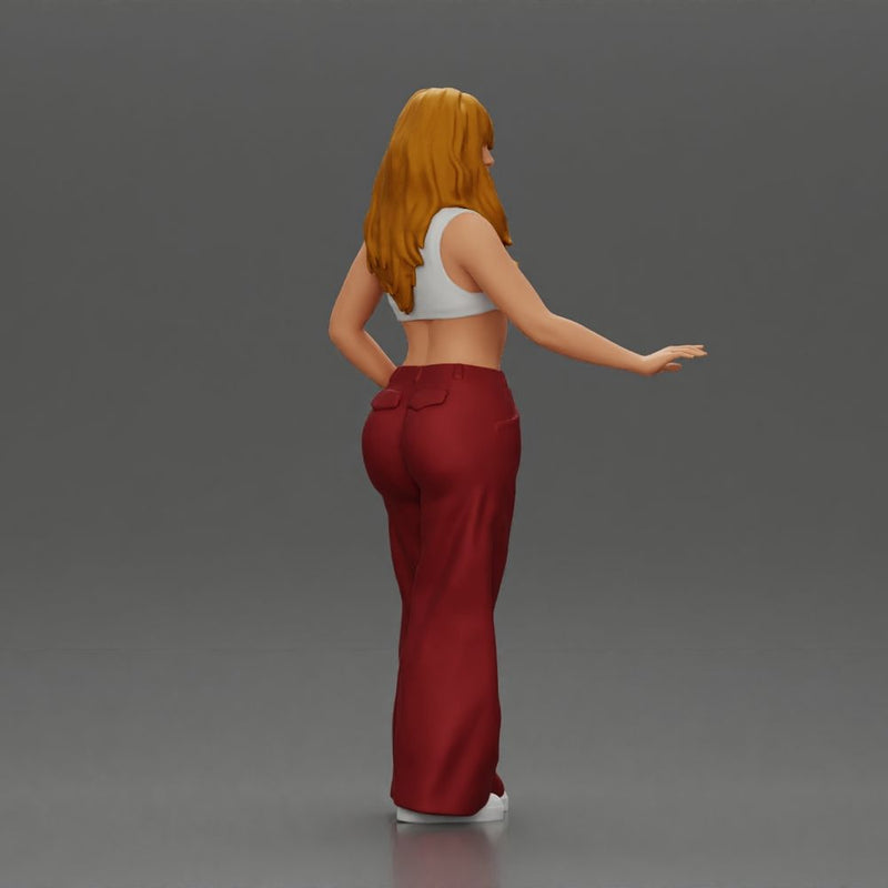 Chola style woman white top red baggy pants posing. - Only-Games