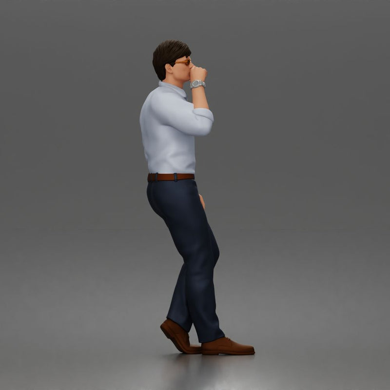 man smoking wearing sunglasses collared shirt trousers leather shoes