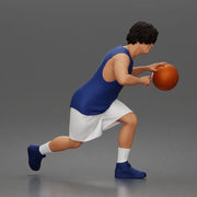 Basketball player drives forward dribbling ball wearing sleeveless jersey shorts socks sneakers - Only-Games