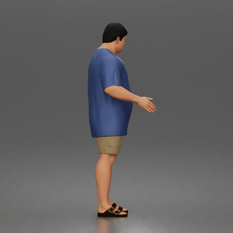 Relaxed asian man character walking pose in t shirt shorts sandals outfit - Only-Games