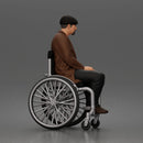 old man sitting calmly in a wheelchair, wearing a coat and a casual outfit