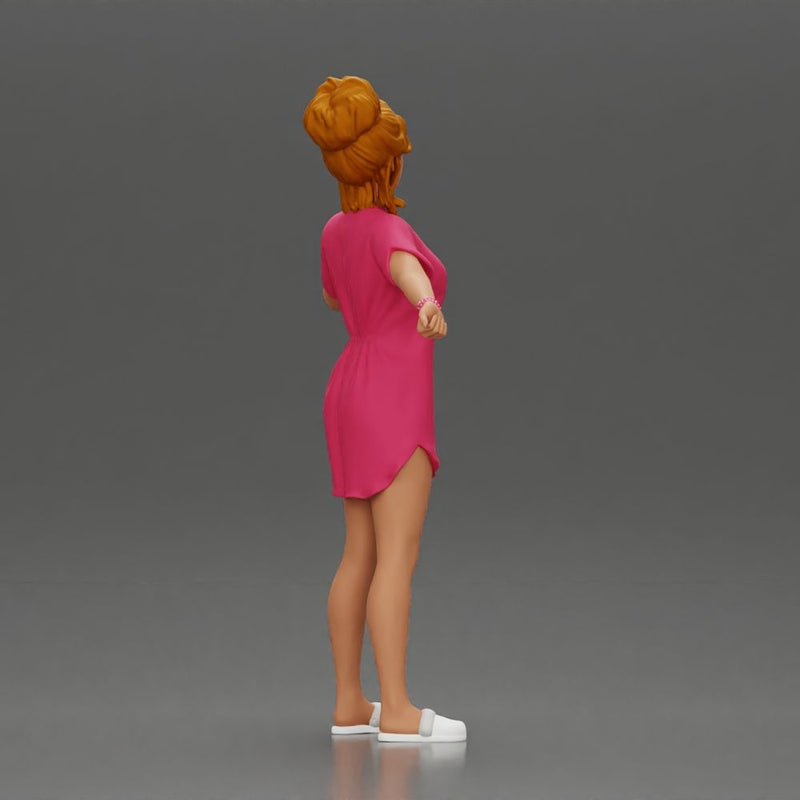 Woman in pink dress dancing joyfully with raised arms sideways - Only-Games