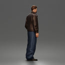 Standing In Leather Jacket Button Shirt Loose Trousers And Shoes