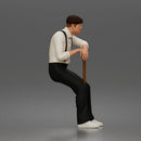 Senior Leaning On Cane Wearing Cap Suspenders Bow Tie Sneakers