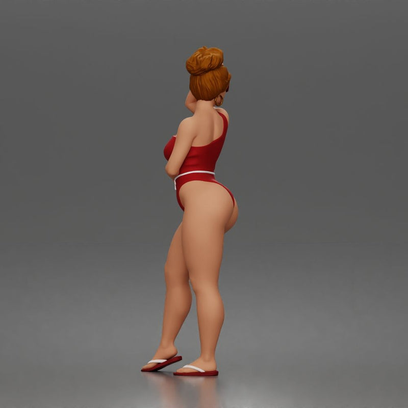Standing woman shields eyes wearing swimsuit sunglasses earrings flip flops