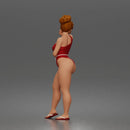 Standing woman shields eyes wearing swimsuit sunglasses earrings flip flops