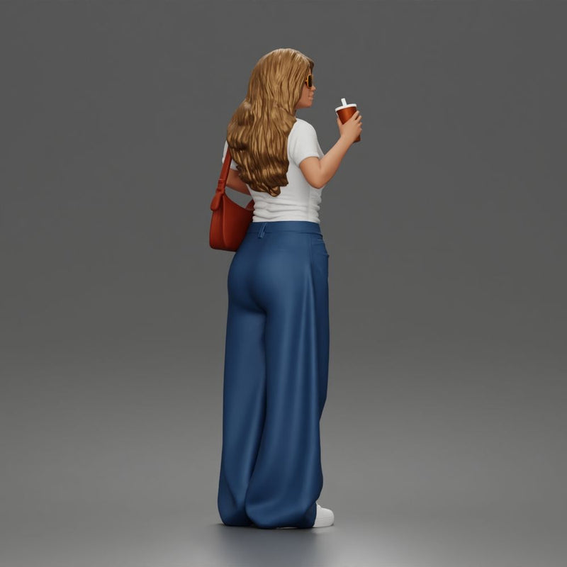Standing Drinking In Tee Wide-Leg Jeans Sunglasses Bag And Sneakers