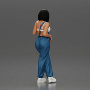 Woman with black hair wearing blue overalls holding a drink - Only-Games