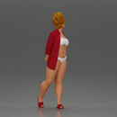 Chic woman in a red shirt and white bikini confidently walking - Only-Games