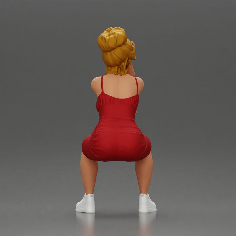 Stylish woman in red dress and sneakers striking dynamic pose - Only-Games