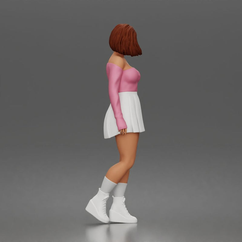 Trendy young woman character standing pose in off shoulder top skirt outfit - Only-Games