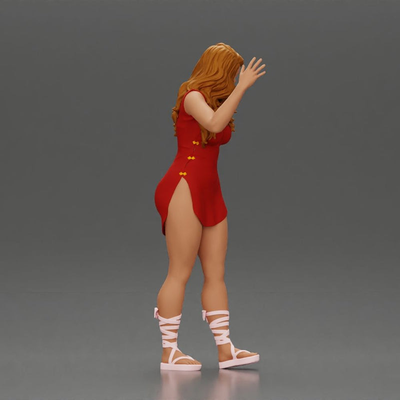 Graceful woman waving with elegance and a warm expression - Only-Games
