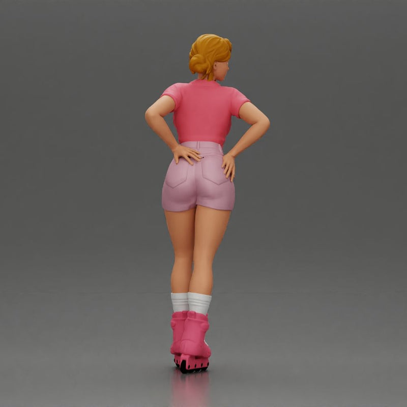 Roller skater strikes pose in pink shirt shorts and skates - Only-Games