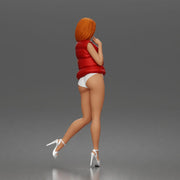 Woman poses flirtatiously wearing puffer vest bikini bottoms heeled sandals - Only-Games