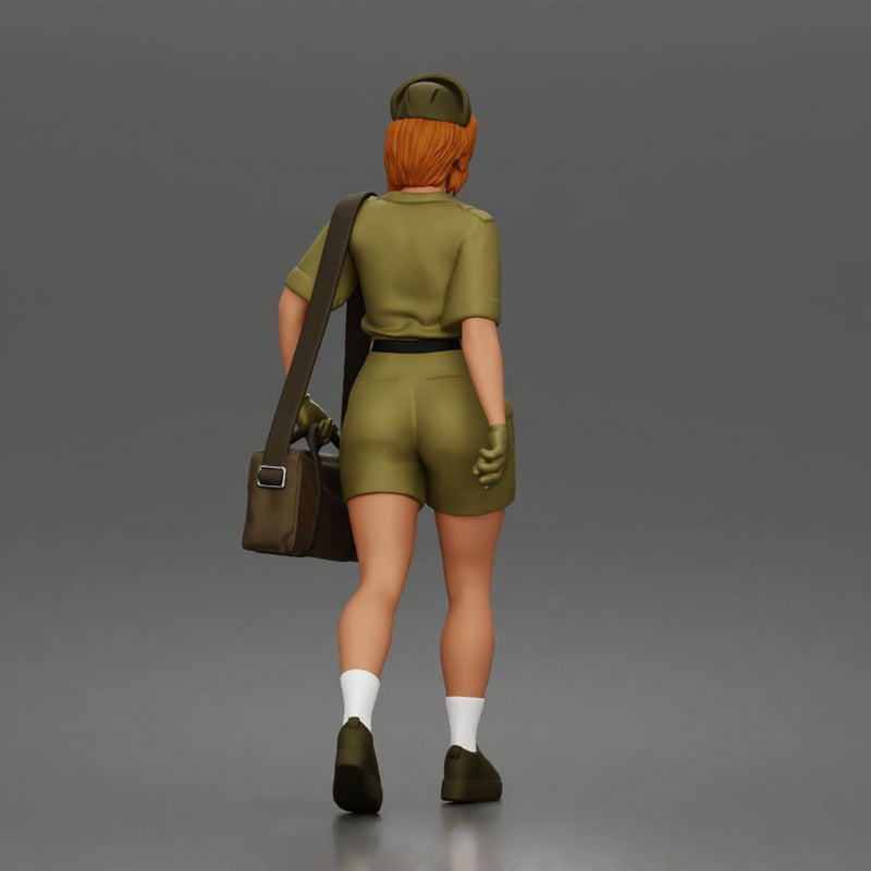 woman soldier walks carrying bag wearing uniform shorts cap gloves - Only-Games