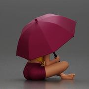 Girl with orange hair holding umbrella sitting in thoughtful pose - Only-Games