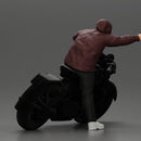 Hooded gangster man sits on motorcycle aiming a pistol with determination - Only-Games
