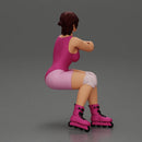 Roller skater in pink outfit performs balanced squat arms crossed - Only-Games