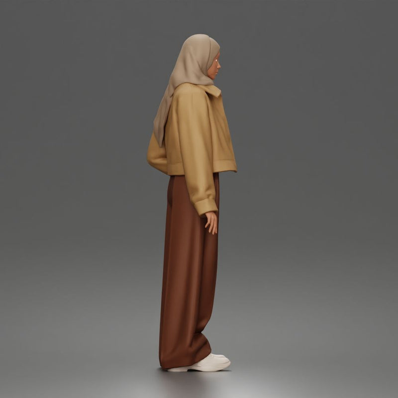Relaxed Hijab Stander Posing in Jacket Shirt Pants and Sneakers