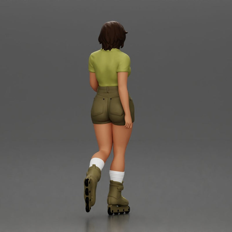 Woman in green outfit gliding smoothly on olive roller skates - Only-Games