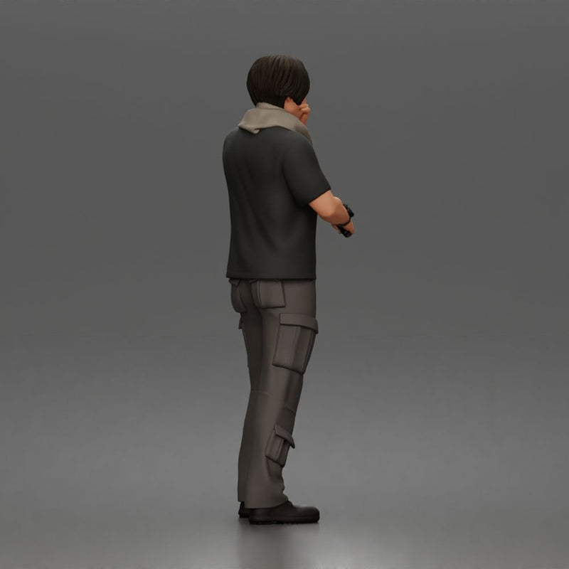 Man Standing With Handgun And Peace Sign In T-Shirt Scarf Cargo Pants And Boots