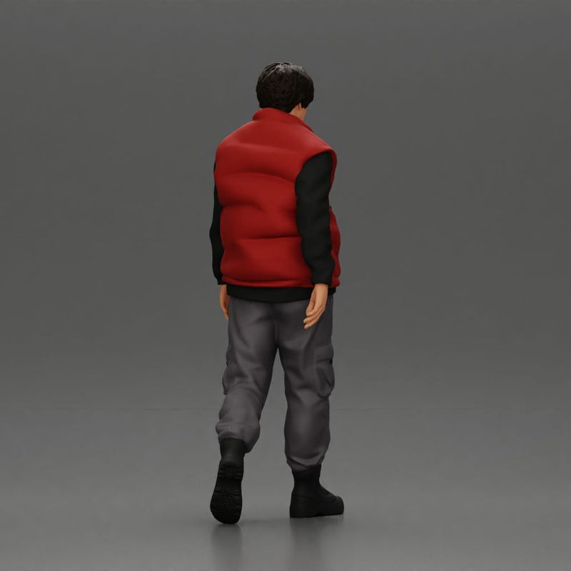bearded man walking wearing red vest black sweater gray pants black boots - Only-Games