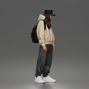 Chill Hooded Cap Walker Posing with Backpack Pants and Sneakers