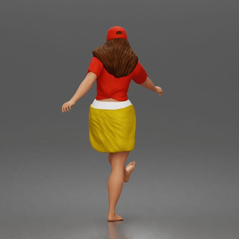 Surfer woman practices balancing in her shirt cap and skirt - Only-Games