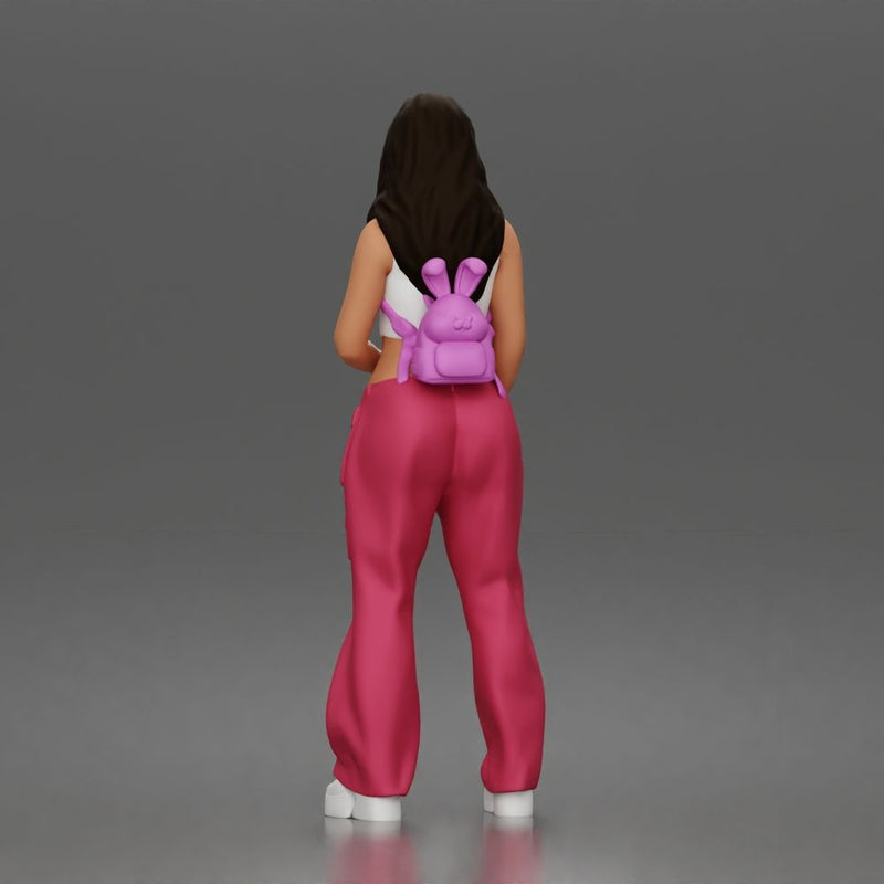 Woman strolls wearing crop top cargo pants bunny backpack sneakers - Only-Games