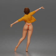 Woman dances balancing wearing crop top jacket bikini bottoms barefoot - Only-Games