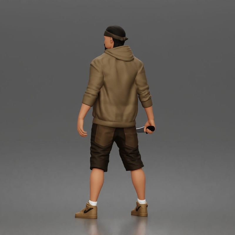 gangster stands holding knife wearing hoodie shorts sneakers chain headband - Only-Games