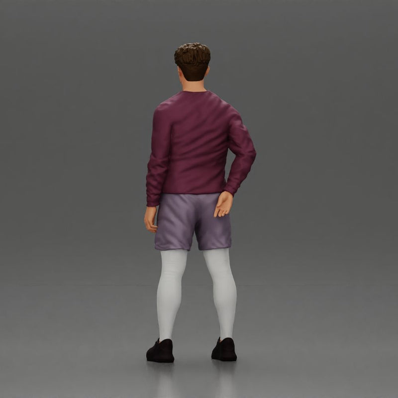 Casual man in purple shirt, shorts, and white tights standing confidently - Only-Games