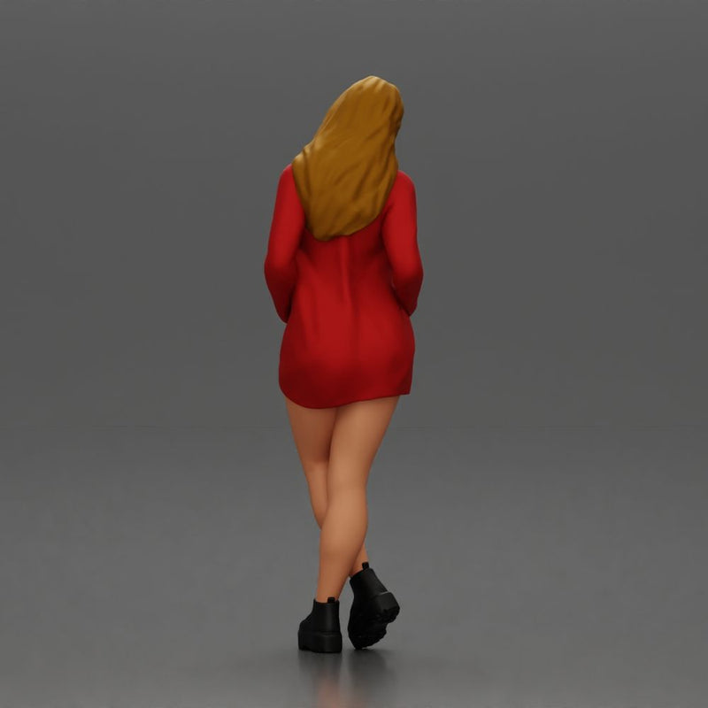 Stylish woman in red blazer dress and boots posing with crossed legs - Only-Games