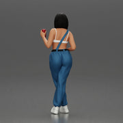 Woman with black hair wearing blue overalls holding a drink - Only-Games