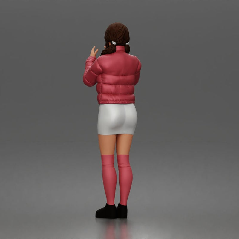 woman In Puffer Jacket With Mini Skirt Thigh-Highs And Boots