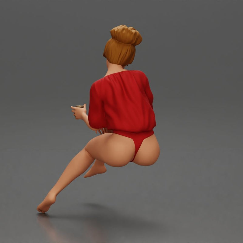 Relaxed girl in red sipping coffee enjoying a peaceful moment on the beach - Only-Games