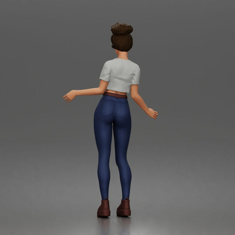 Casual young woman character standing pose in t-shirt jeans boots outfit - Only-Games