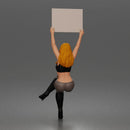 Woman Holding Blank Sign Overhead Seated Pose Crop Top Leggings Thigh High Boots