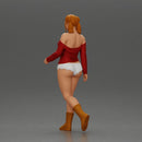 woman walking with purpose wearing red top white shorts brown boots - Only-Games