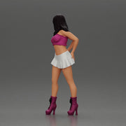 Long black haired woman in pink top and white skirt with one hand on her hip - Only-Games