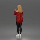 woman pointing upward wearing off shoulder shirt leggings sneakers