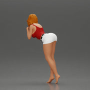 Confident Girl in Red Top and White Shorts, Posing Playfully - Only-Games