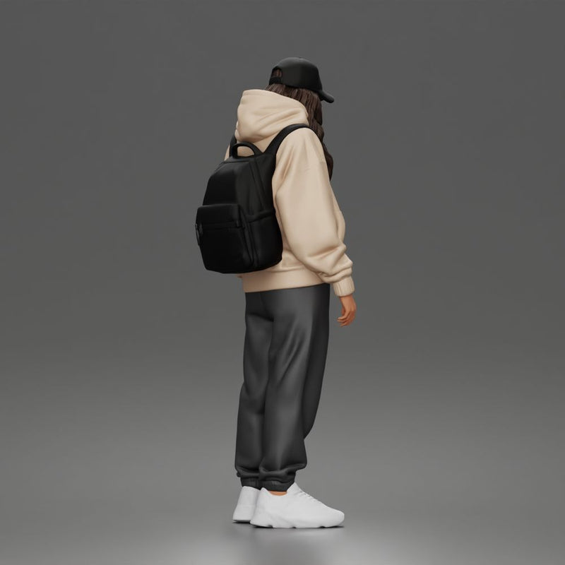 Chill Hooded Cap Walker Posing with Backpack Pants and Sneakers