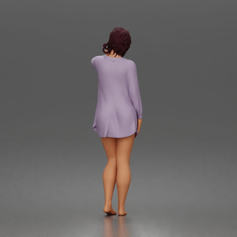 Relaxed morning woman character standing pose in open shirt loungewear outfit - Only-Games
