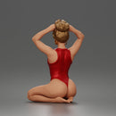Kneeling Hands On Head Poser in Bodysuit and Hoop Earrings
