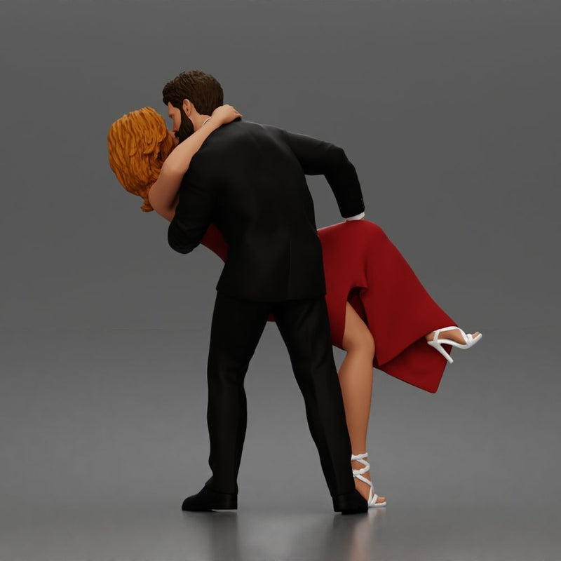 Man Dips Woman While Kissing Suit Long Dress Strappy Heels - Only-Games