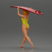 woman in yellow swimsuit carrying a red surfboard on her shoulders - Only-Games